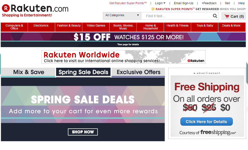 O Rakuten tem praticamente tudo: de eletrônicos, roupas e até comida. O Shopping da Rakuten é o primeiro shopping online que reune milhares de lojistas virtuais que tem suas lojas hosteadas pela própria Rakuten
<a href="http://www.rakuten.com/"><em>site</em></a>