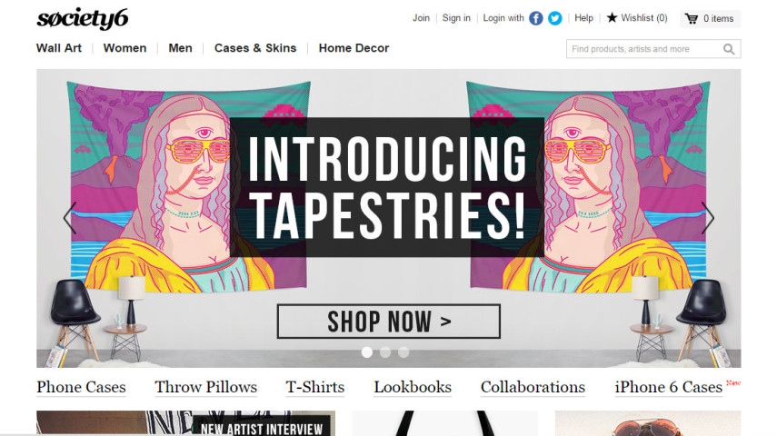 O site Society6  é o mais completo quando se trata de arte. Tem impressões sem e com moldura pra decorar a casa, capinha e skin de iPhone/GalaxyS4/iPad/notebook, cartões, camisas, moletons, bolsas e almofadas. O único problema dele também é a demora pra chegar. Cerca de 5 semanas! 

<a href=