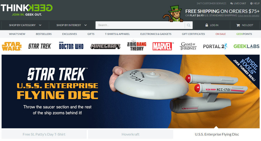 O site Think Geek tem diversos itens geeks e produtos originais licenciados de séries e filmes. O frete é pago e entregue pela DHL 

<a href=