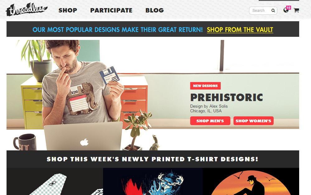 A loja gringa Threadless é a que mais manda camisetas pro Brasil. O legal so site é que ele recebe estampas de designers que ficam em votação pelos usuários até que são escolhidas para produção e geram uma premiação pro autor. Preço médio das camisetas é de US$ 20.00 (R$ 40,00). O site está disponível em Português e enviam direto pra cá, sem atravessadores
<a href="https://www.threadless.com/"><em>site</em></a>