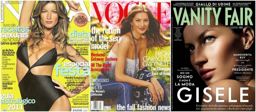 Gisele é “apenas” a segunda personalidade feminina que estampou mais capas de revistas do mundo inteiro, perdendo só para a Princesa Diana. No total foram mais de 500 capas.