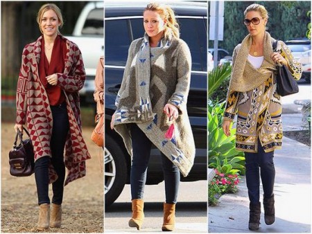 As atrizes Kristin Cavallari, Hilary Duff e Katherine Heigl e seus casacos com estampas que remetem a tribos indígenas e que também lembram cobertores (hehe).