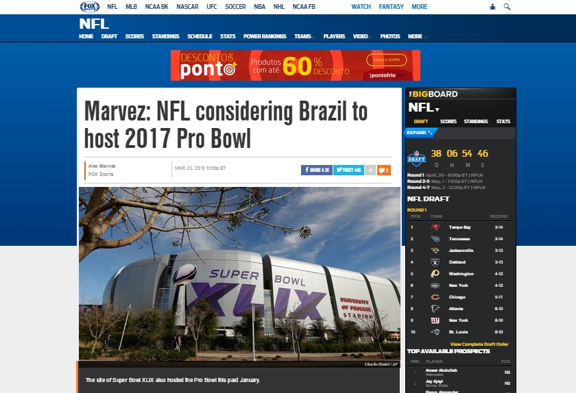 Notícia de possível disputa do Pro Bowl no Brasil ganha destaque nos Estados Unidos