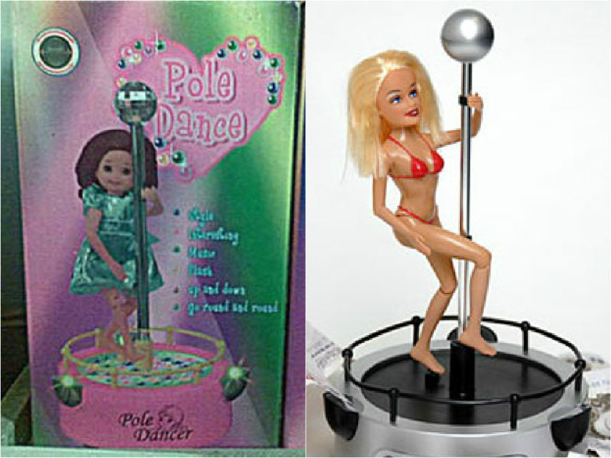 Duas bonequinhas que praticam pole dance. A dança é muito sensual para crianças pequenas, o que torna o brinquedo bastante inadequado.