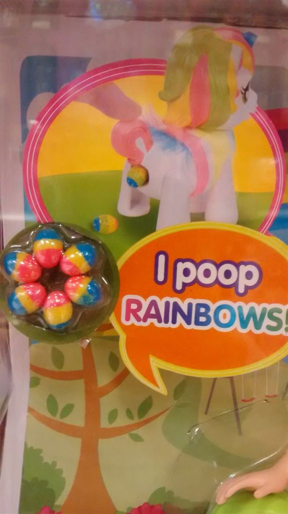 Você aperta o Poney e...sai cocô super mega colorido dele. Ele literalmente caga arco-íris! 