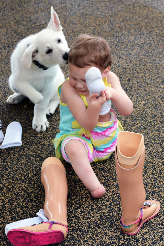 A garota Sapphyre, que não tem as pernas, tornou-se melhor amiga do cão Dan, que nasceu sem uma das patinhas
