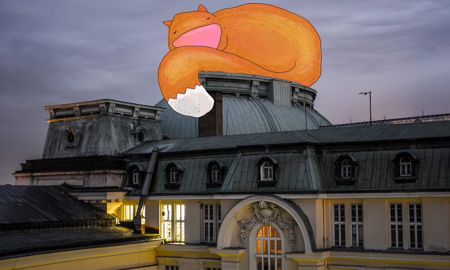 O artista Tochka desenhou criaturas inofensivas e preguiçosas nas fotos feitas por Atanas Kutsev