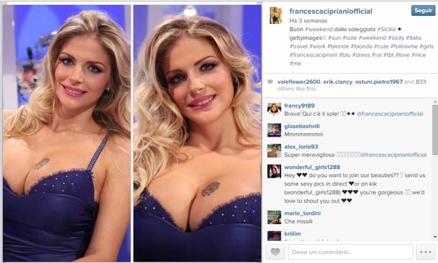 Modelo italiana Francesca Cipriani contou na TV que teve um caso com Rami