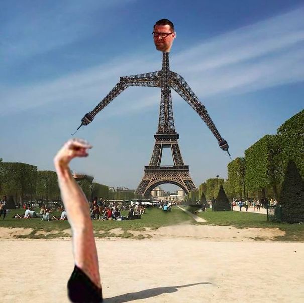 O holandês Sid Frisjes pediu a usuários do 4Chan que editassem a torre Eiffel para ficar debaixo de seu dedo