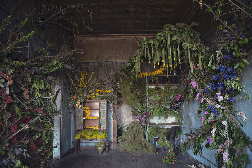 A artista conseguiu revitalizar uma casa em péssimo estado de conservação utilizando flores no lugar onde estava entulho