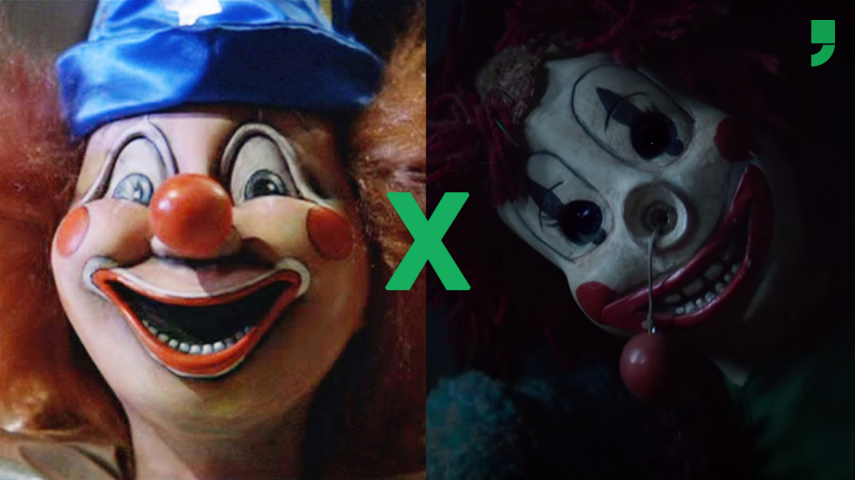 A cena do palhaço de <i>Poltergeist</i> é uma das mais fáceis de encontrar no YouTube, e os comentários afirmam que ela é de, perdão, URINAR-SE de medo. 
Já o remake traz uma cena com uns 200 palhaços, excesso de ação e zero medo. Blé.