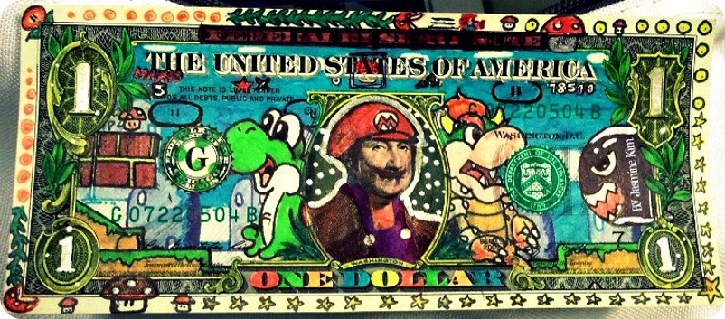 E o que dizer dessa nota de um dólar transformada em jogo de Mario Bros. que eu mal conheço e já considero pacas?
