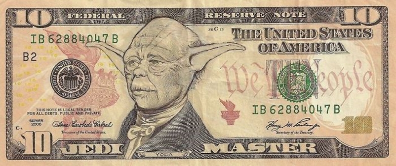 James Charles é um estadunidense que transa enfiar ícones da cultura pop nas notas de dólar. Aqui, o presidente Alexander Hamilton transformado em mestre Yoda
