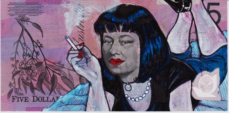 E a rainha Elizabeth como Mia Wallace, de Pulp Fiction, também em uma nota de cinco dólares australianos
