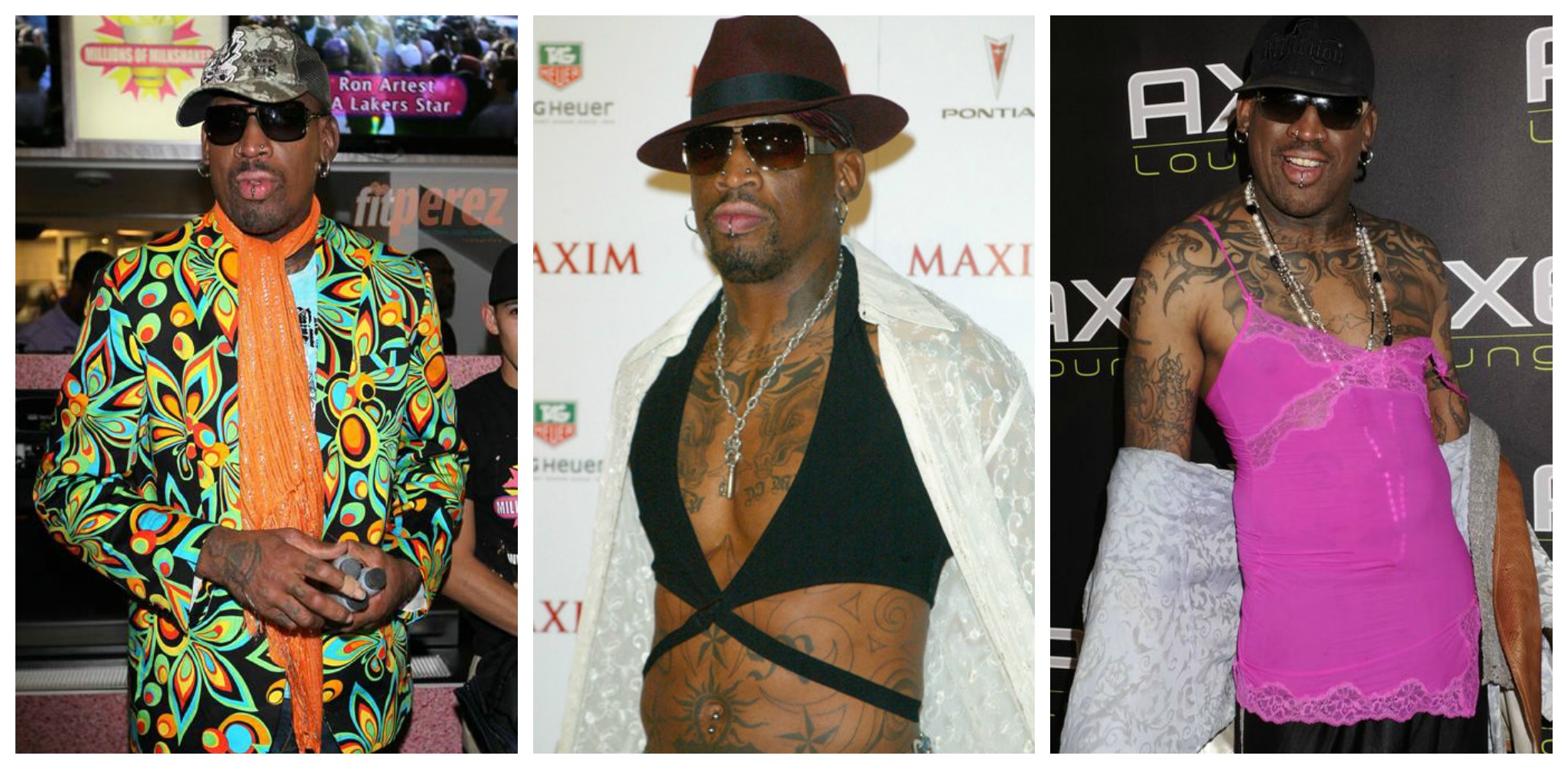 Se você achou exótico o estilo de Rodman nas quadras, vai achar ainda mais ousado o que o jogador costuma vestir na "vida real". Um avant-garde escalafobético, mas ele segura a montação como ninguém.