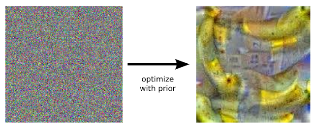 O software também gera imagens a partir do nada - ele encontra padrões em imagens com ruídos de pixels aleatórios. Os resultados são criações inteiramente digitais - nesse caso, ele encontrou bananas