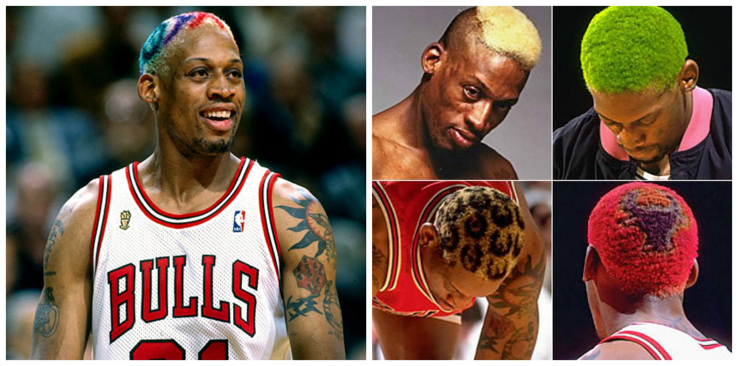 Como esquecer de Dennis Rodman, um dos mais famosos jogadores de basquete da história da NBA. Conhecido pelo estilo extravagante, dentro das quadras ele barbarizava nos cabelos pra lá de coloridos e estampados (sim, olha esse de oncinha!) e nas tatuagens que colecionava pelo corpo.