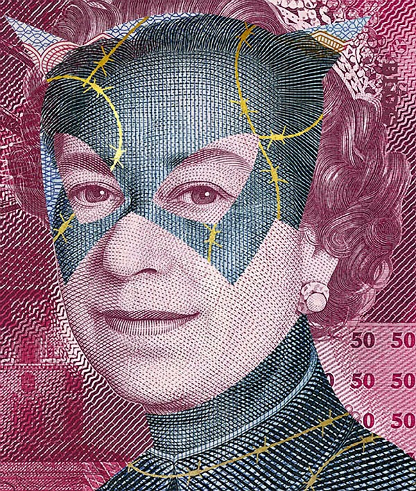 Alessandro Rabatti transforma os rostos de dólares, libras esterlinas e yuans em heróis mascarados