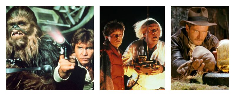 Star Wars Uma Nova Esperança 1977, De Volta para o Futuro 1985, Os Caçadores da Arca Perdida, 1981