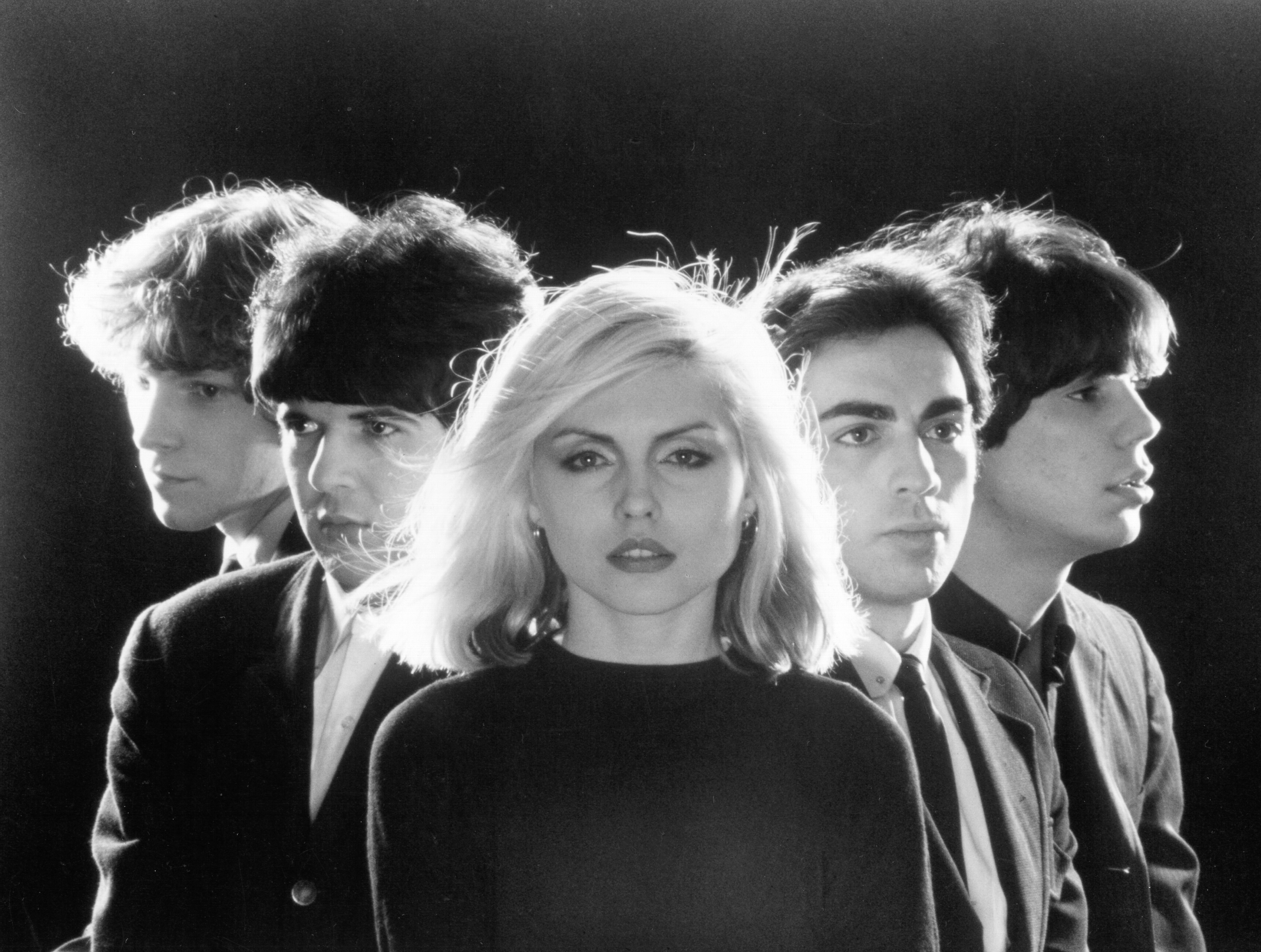 1976:  American rock group Blondie (L-R: Gary Valentine, Clem Burke, Debbie Harry, Chris Stein and Jimmy Destri) pose for portrait to promote their debut album 'Blondie' in 1976   Photo by Michael Ochs Archives/Getty Images