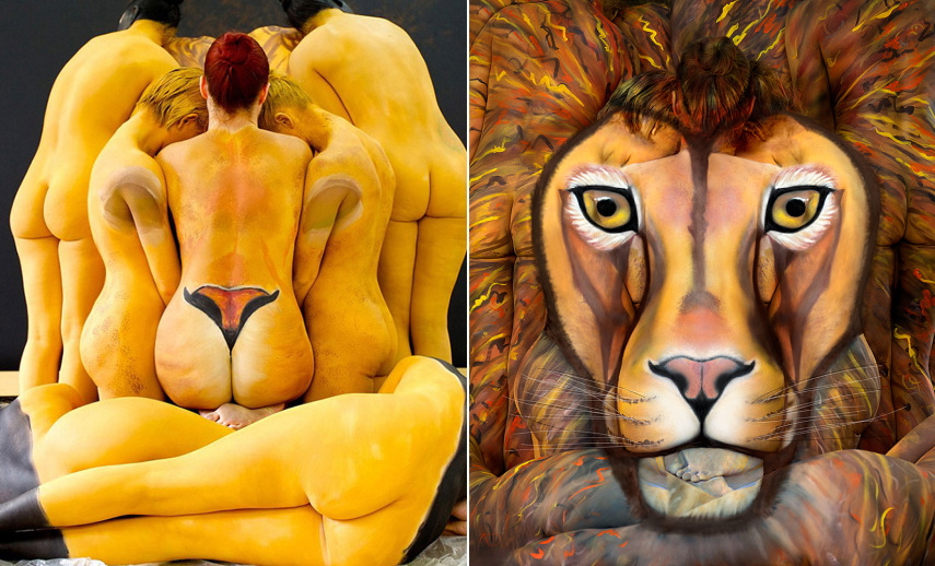 O antes e depois da pintura corporal finalizada do signo Leão