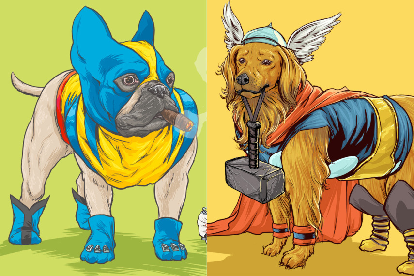 Josh Lynch, de Minnesota, nos EUA, colocou uniforme de heróis e vilões da Marvel em cães