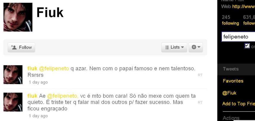 O Felipe Neto foi dar uma zoada no Fiuk, que respondeu à altura. Depois, se desculpou dizendo que não tinha um 