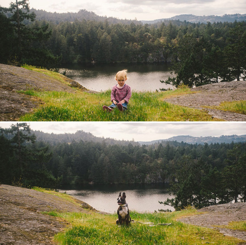 Fotógrafo clica a filha e o seu cão de estimação usando os mesmos acessórios e nas mesmas poses