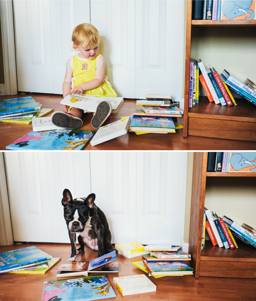 Fotógrafo clica a filha e o seu cão de estimação usando os mesmos acessórios e nas mesmas poses