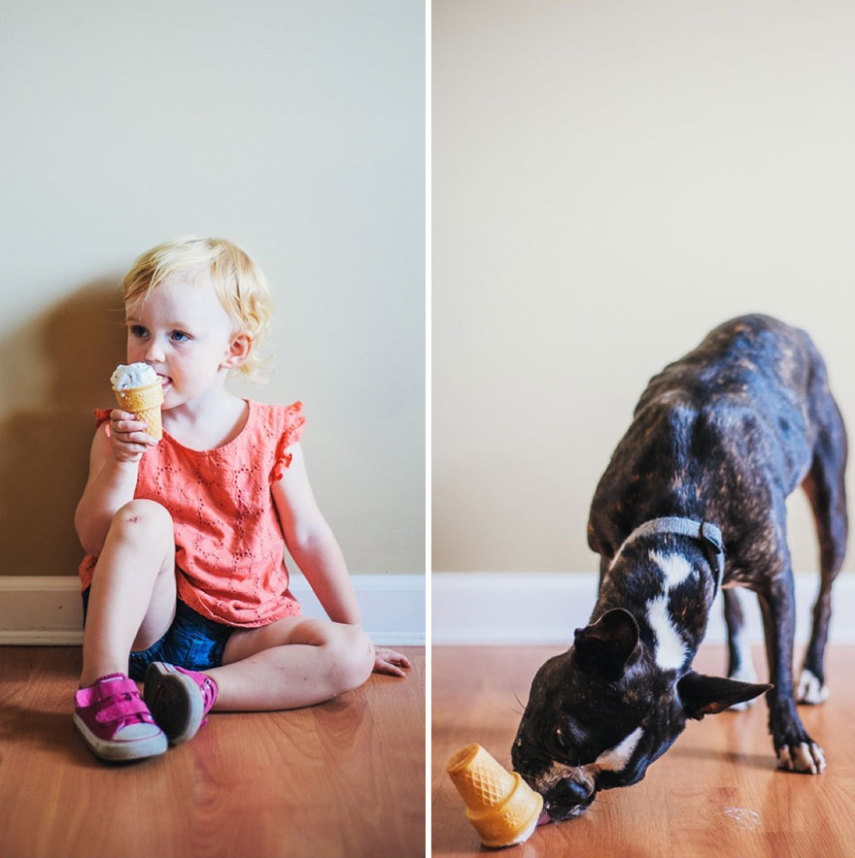 Fotógrafo clica a filha e o seu cão de estimação usando os mesmos acessórios e nas mesmas poses