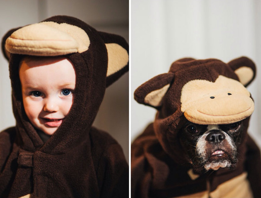 Fotógrafo clica a filha e o seu cão de estimação usando os mesmos acessórios e nas mesmas poses