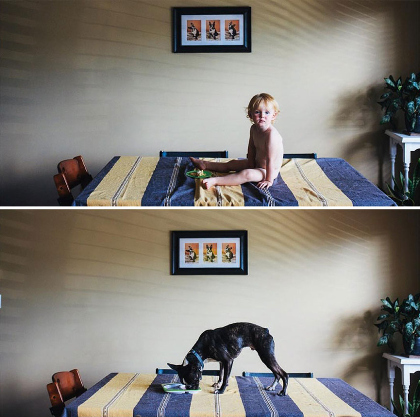 Fotógrafo clica a filha e o seu cão de estimação usando os mesmos acessórios e nas mesmas poses