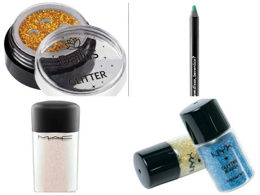   Glitter Dailus/ R$ 13,90  Lápis olhos quem disse, berenice?/ R$ 23,90   Glitter NYX/ R$ 12,80  MAC Glitter/ R$ 109,90 