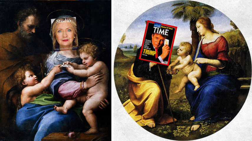 Hillary Clinton, Studio (Itália) + Madonna della rosa, por Raphael; Donald Trump, Time Magazine + A Família Sagrada com uma Palmeira, por Raphael