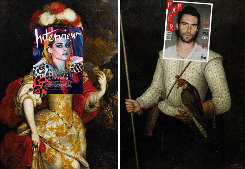 Kristen Stewart, Interview Magazine + Retrato Allegorique D’Hortense Mancini, Duchesse De Mazarin, no estilo de Henri Gascars; Adam Levine, PAPER Magazine + Sir Thomas Monson segurando um falcão e sua lança, por artista inglês desconhecido