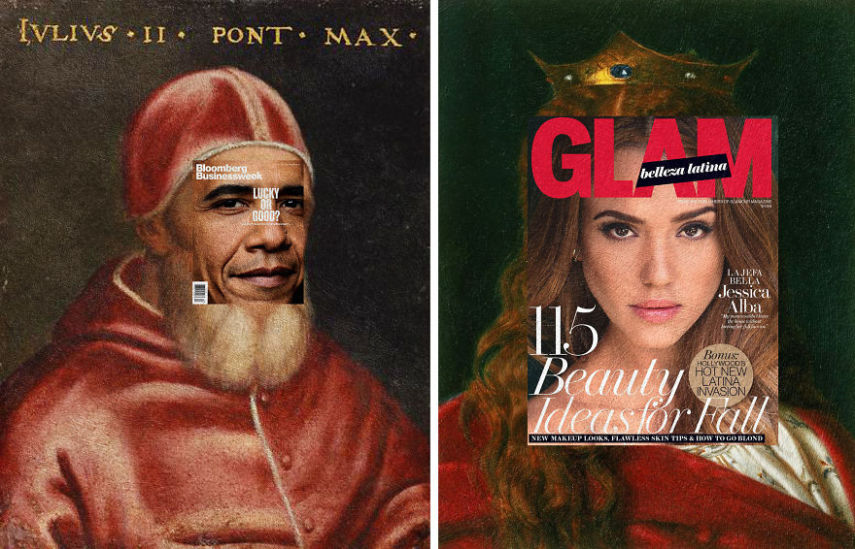 Barack Obama, Bloomberg Businessweek + Julius II (Giuliano della Rovere), por Raphael; Jessica Alba, Glam Belleza Latina + Isolde, por William Gale