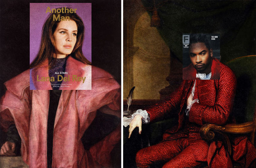 Lana Del Rey, Another Man + Jovem em um casaco rosa, por Jacopo Pontormo; Miguel, Fader Magazine + Retrato de John Simpson, de Bradley Hall, Northumberland, por Joshua Reynolds