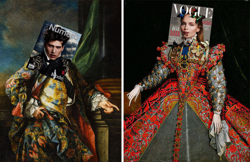 Simon van Meervenne, Numero Homme China + Retrato de Jacques-Germain Soufflot by Charles-André Van Loo; Natasha Poly, Vogue Russia + Retrato de Louise de Lorraine by François Clouet