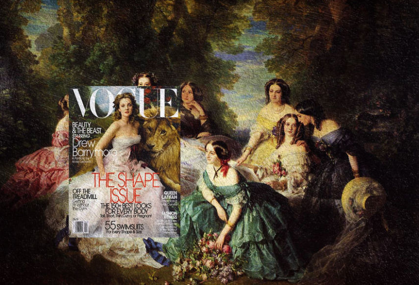 Drew Barrymore, Vogue Magazine + A Imperatriz Eugenie rodeadas por suas mulheres à espera de Franz Xavier Winterhalter