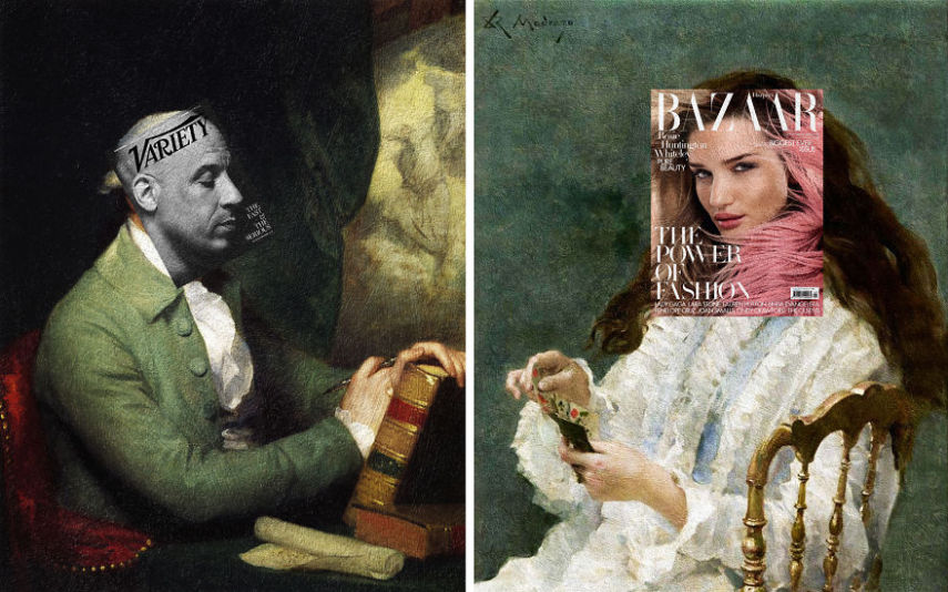 Vin Diesel, Variety + Benjamin West, por Gilbert Stuart; Rosie Huntington Whiteley, Harper’s Bazaar UK + Aline jogando cartas, por Raimundo de Madrazo y Garreta