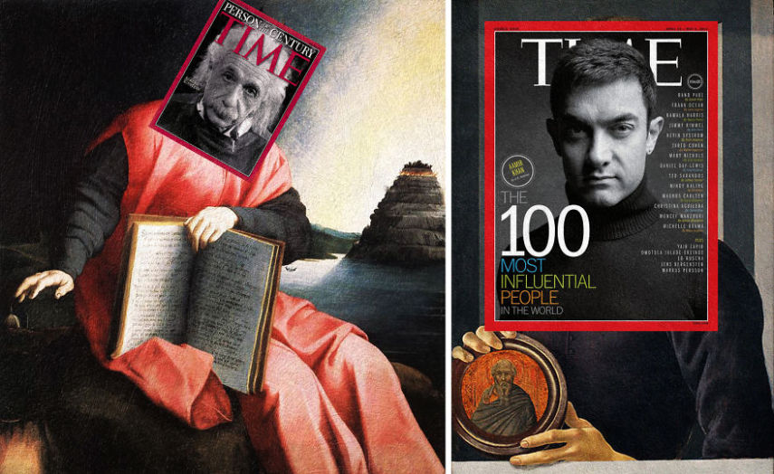 Albert Einstein, Time Magazine + Retrato alegórico de Dante, por Agnolo Bronzino; Aamir Khan, Time Magazine + Retrato de um jovem homem segurando um medalhão, por Sandro Botticelli