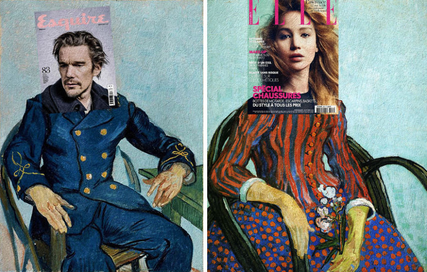 Ethan Hawke, Esquire Espanha + Portret van de postbode Joseph Roulin, por Vincent van Gogh; Jennifer Lawrence, Elle + La Mousmé, por Vincent Van Gogh