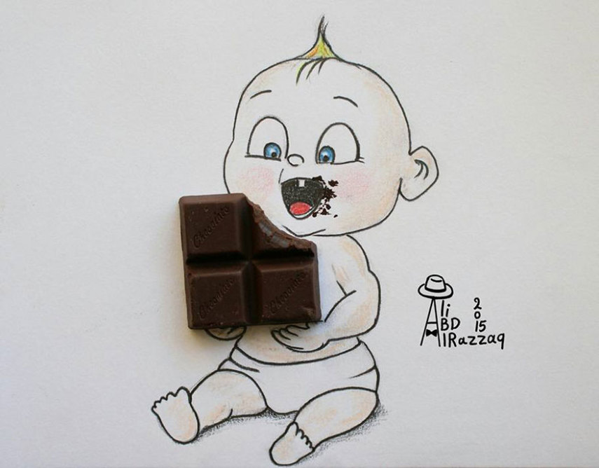 O artista iraquiano Ali Abd Al-Razzaq mistura objetos comuns com suas ilustrações