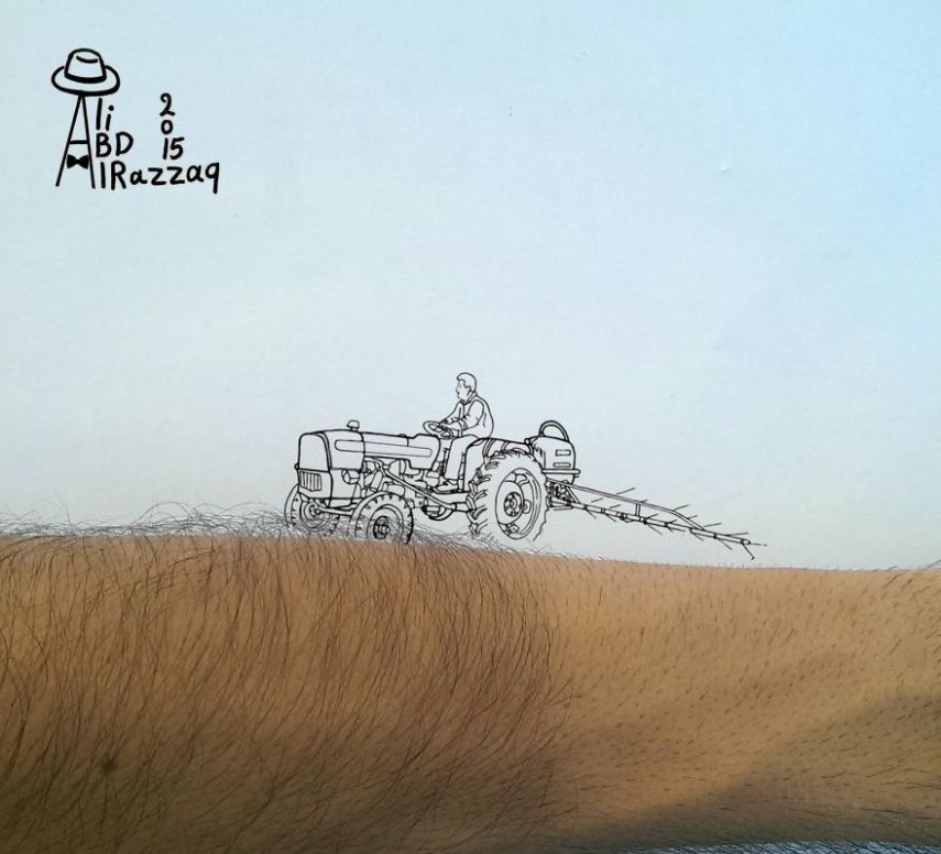 O artista iraquiano Ali Abd Al-Razzaq mistura objetos comuns com suas ilustrações