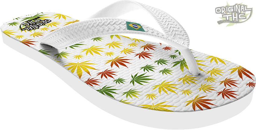 Chinelo com estampa de maconha, R$ 30, Original THC, www.originalthc.com.br 