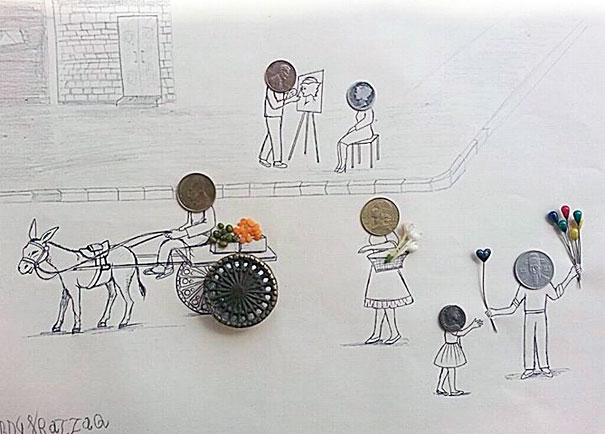 O artista iraquiano Ali Abd Al-Razzaq mistura objetos comuns com suas ilustrações