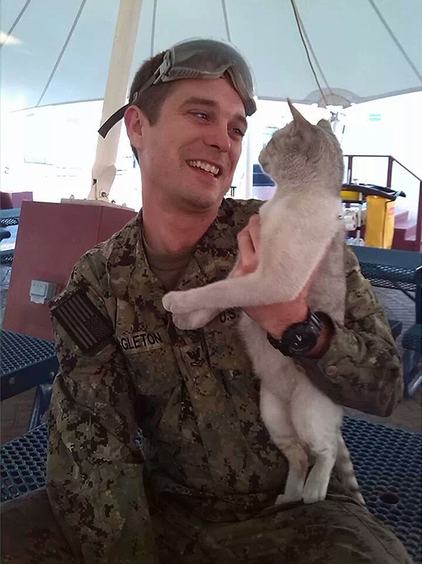 Soldado posa com gato durante a guerra