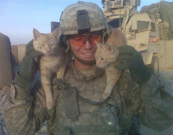 Soldado posa com gato durante a guerra