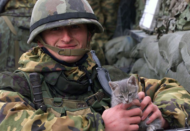 Soldado posa com gato durante a guerra