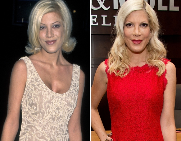 A atriz Tori Spelling não quis mudar nem o loiro platinado, hein?